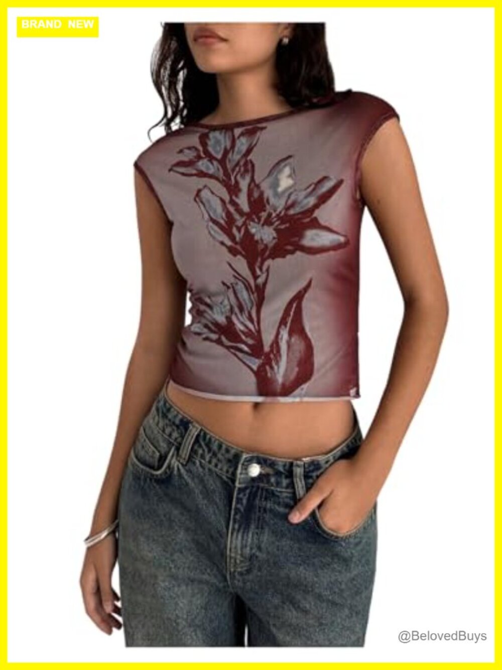 WDIRARA Floral Dolman Cap Sleeve Mesh Tee Top Y2K Going Out